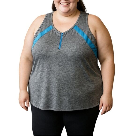 Livi Active Heather Gray & Blue Detail Zip Neckline Athletic Tank Top Size 26/28 - Picture 1 of 8